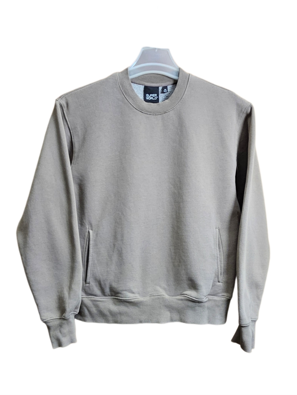 Mens Super World Taupe Beige Pullover Crew neck sweatshirt with pockets Size XS